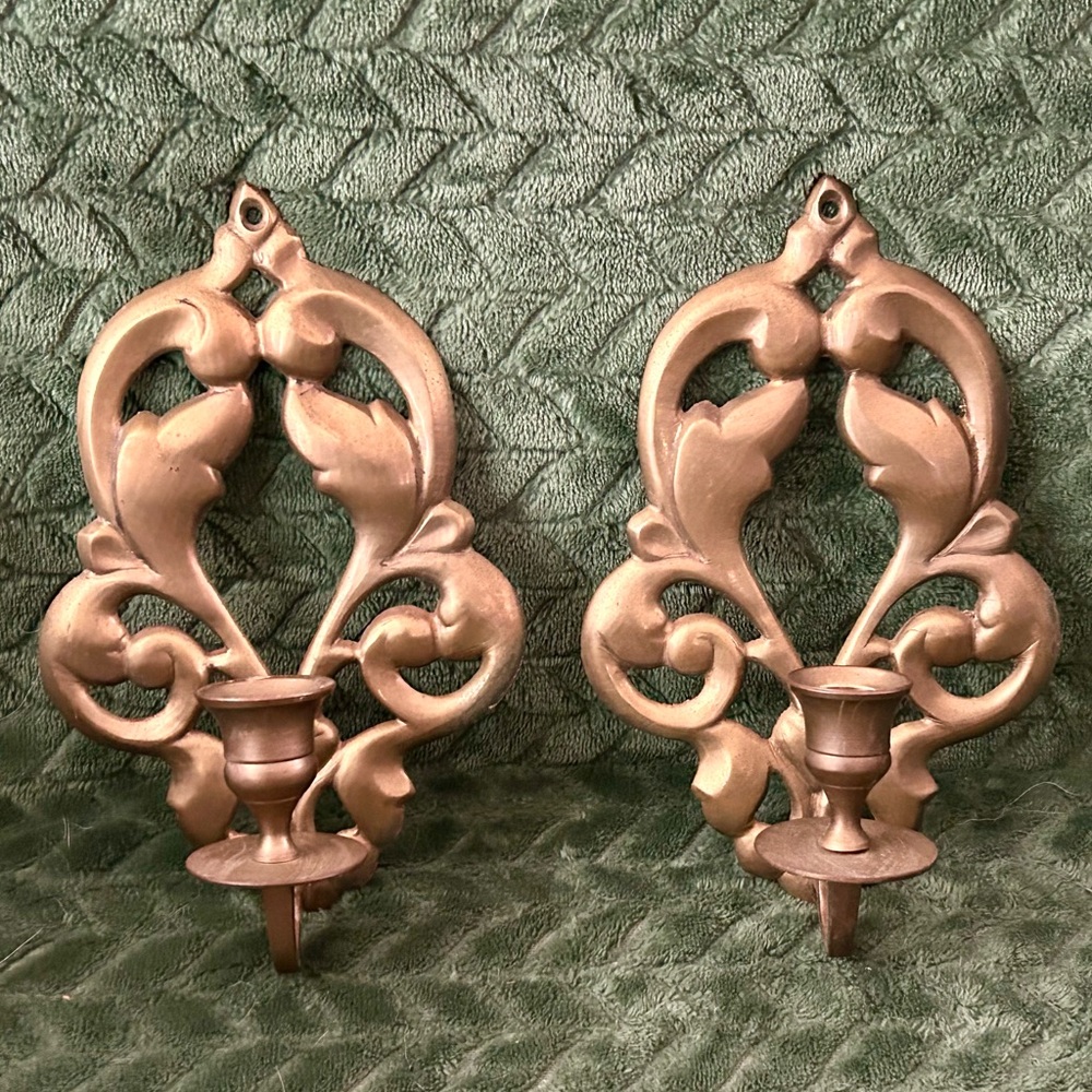Set Of 2 Vintage Mid-Century Art Nouveau Hollywood Regency Brass Candle Sconces